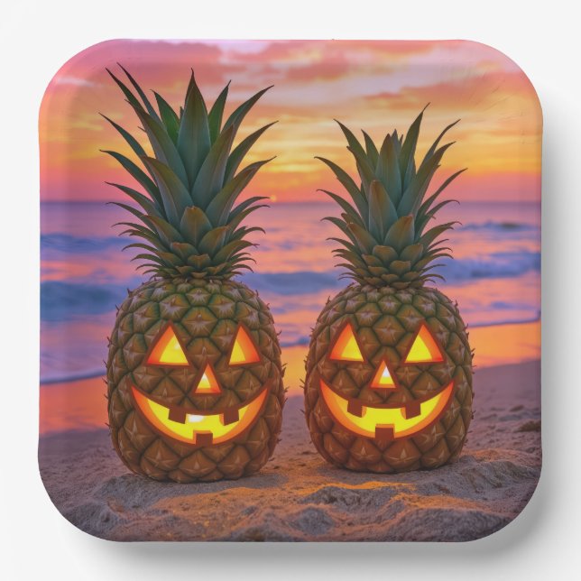Assiettes En Carton Halloween Pineapple Jack-o-lanterns On a Beach (Recto)