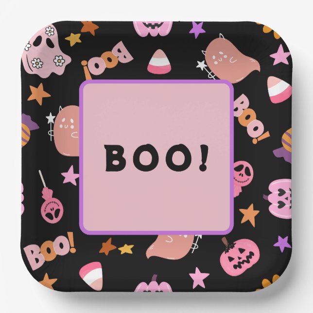 Assiettes En Carton Halloween rose (Recto)