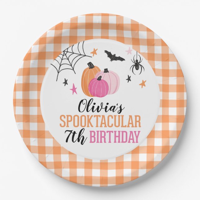 Assiettes En Carton Halloween rose Citrouilles orange Plaid Anniversai (Devant)
