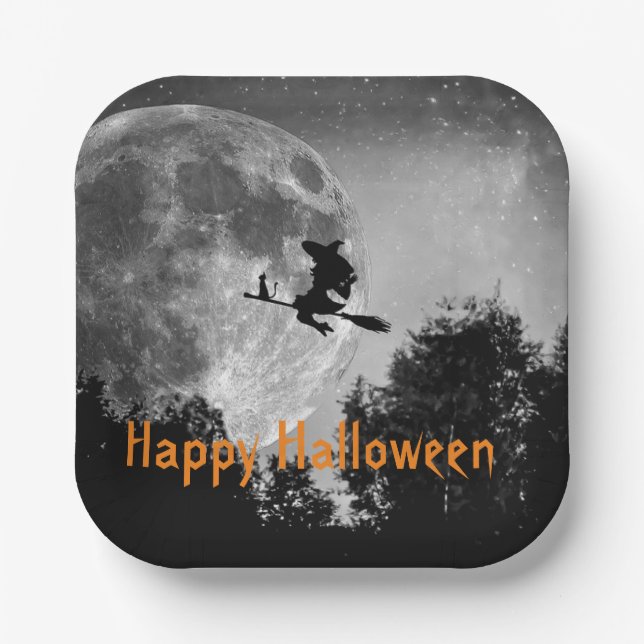 Assiettes En Carton Halloween sorcière et lune personnalisable (Recto)