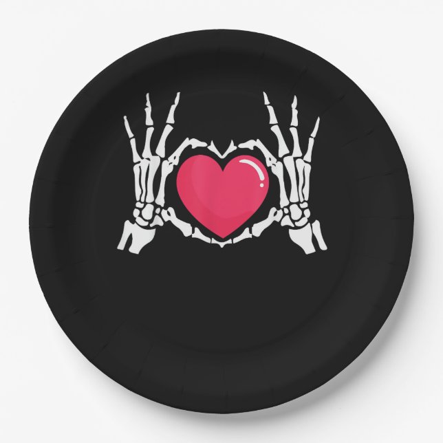Assiettes En Carton Halloween squelette coeur main (Devant)