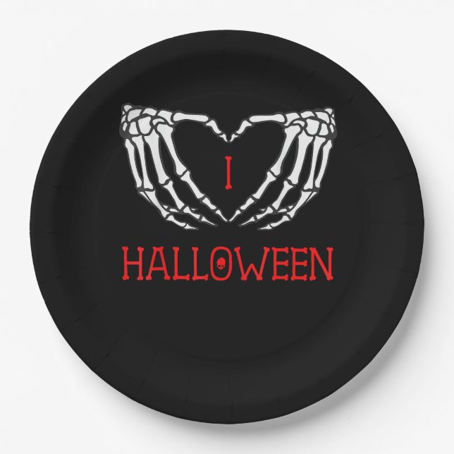 Assiettes En Carton Halloween Squelette Mains Formant Coeur Gothique (Devant)