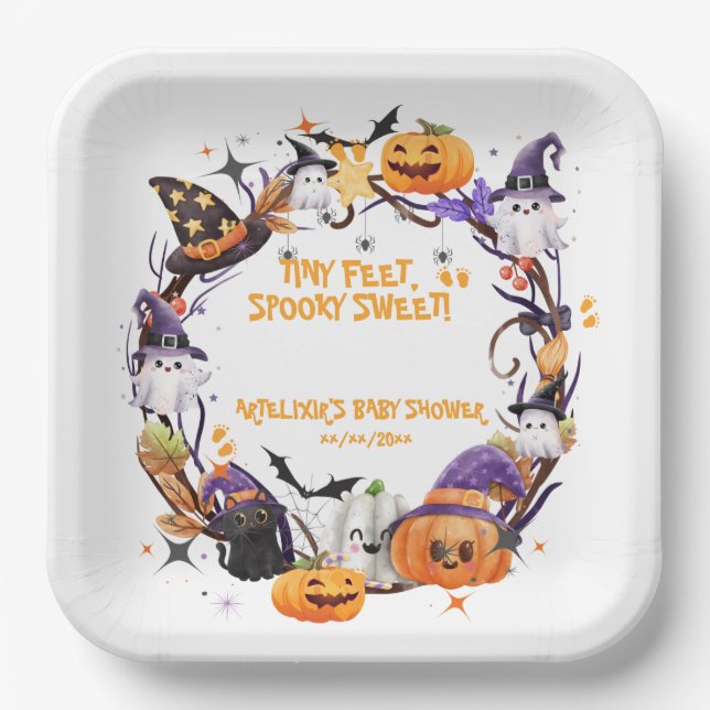 Assiettes En Carton Halloween Tiny Feet, Baby shower sucré Éffrayant (Recto)