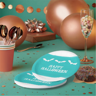 Assiettes En Carton Halloween turquoise blanc aquarelle chauves-souris