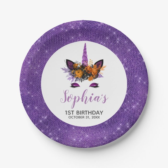 Assiettes En Carton Halloween Unicorn Purple Parties scintillant fête  (Devant)