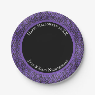 Assiettes En Carton Halloween Victorien Brocart Damassé Violet & Noir