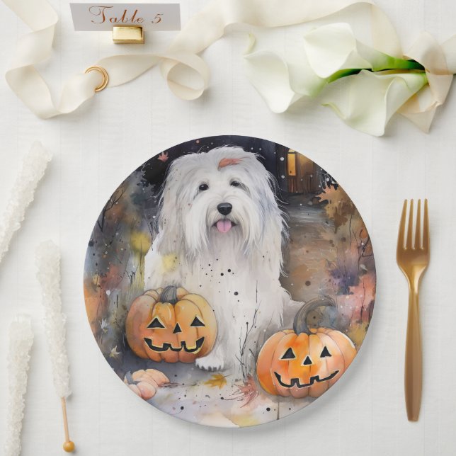 Assiettes En Carton Halloween vieux chien anglais avec la peur Citroui (Mariage)