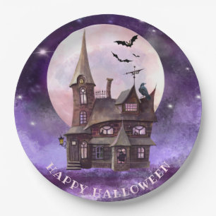 Assiettes En Carton Halloween violet Haunween Pleine lune de chauves-s
