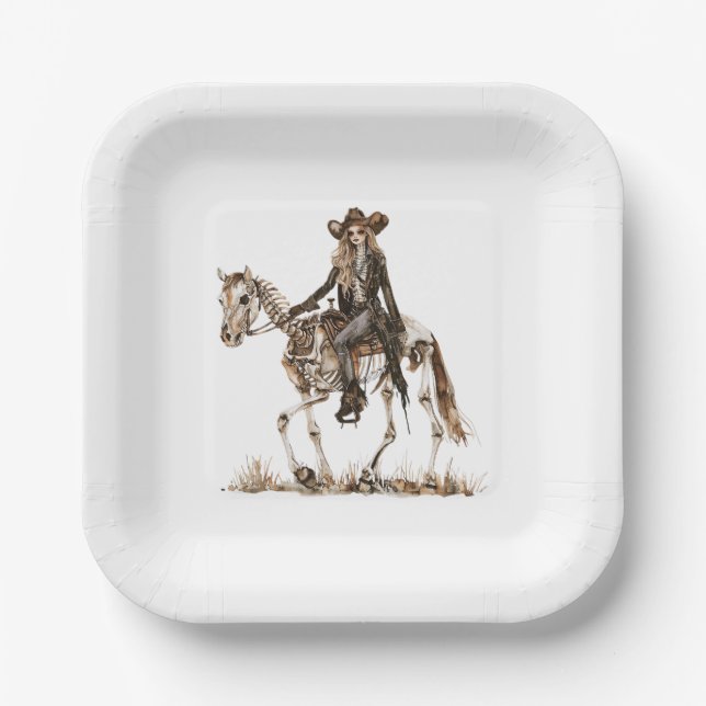 Assiettes En Carton Halloween Western Cowgirl Skeleton Horse (Recto)