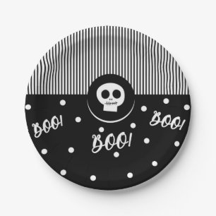 Assiettes En Carton Halloween Whimsical Boo Skull Black & White Party
