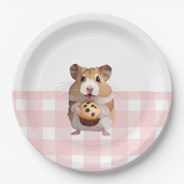 Assiettes En Carton Hamster mignon Avec Muffin Rose En vichy Check (Devant)
