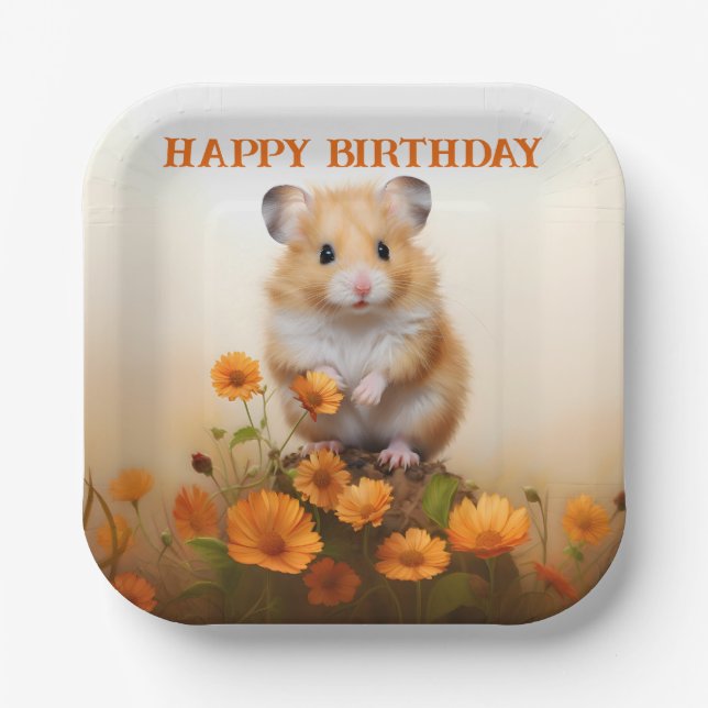 Assiettes En Carton Hamster Parmi Les Fleurs Orange Anniversaire (Recto)