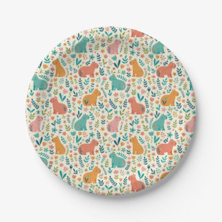 Assiettes En Carton Hand Drawn Floral Capybara Paper Plates