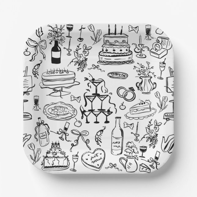Assiettes En Carton hand drawn wedding marriage champagne fountain (Recto)