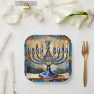 Assiettes En Carton Hanoukka bleue Menorah