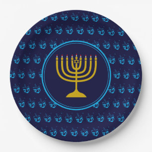 Assiettes En Carton HANOUKKA Dreidel Menorah Israel Argent bleu