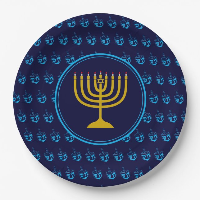 Assiettes En Carton HANOUKKA Dreidel Menorah Israel Argent bleu (Devant)