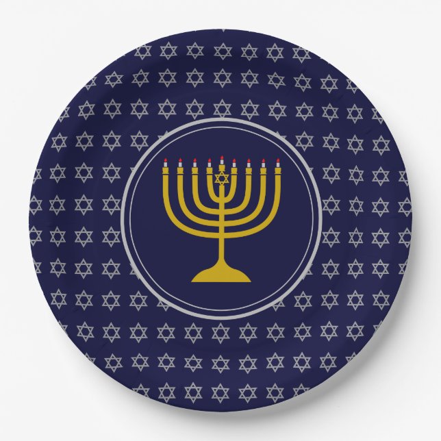 Assiettes En Carton HANOUKKA Star of David Menorah Blue Silver (Devant)