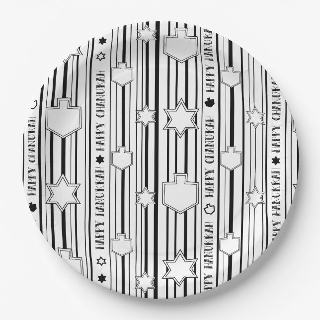 Assiettes En Carton Hanoukka Stripes, Stars et Dreidels (Devant)