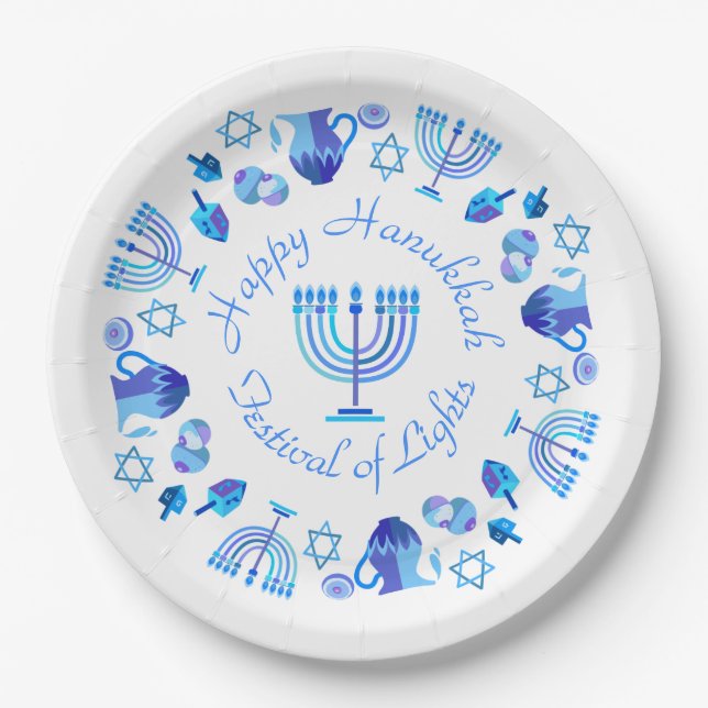 Assiettes En Carton Hanukkiah Happy Hanoukka Juive Fête Menorah (Devant)