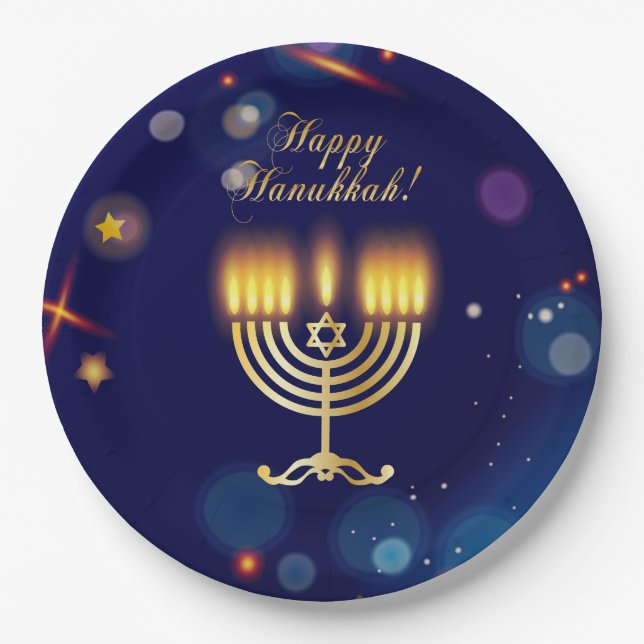 Assiettes En Carton Hanukkiah Happy Hanukkah Jewish Gold Menorah (Devant)