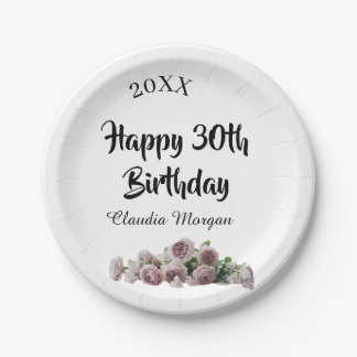 Assiettes En Carton Happy 30th birthday pink white mauve floral name y