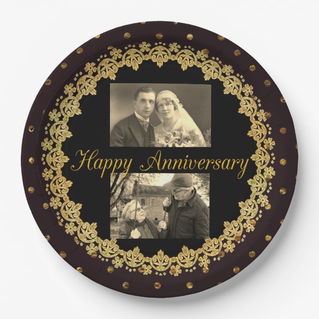 Assiettes En Carton Happy Anniversaire Noir & Or Plaque personnalisée (Devant)