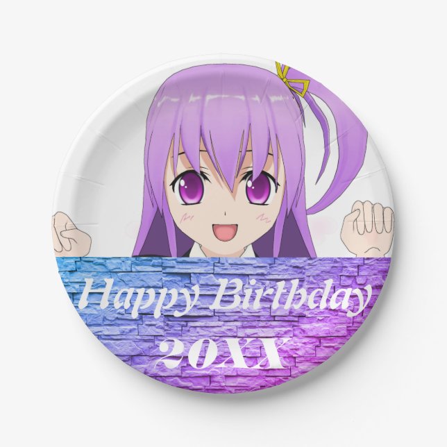 Assiettes En Carton Happy Birthday fun pink violet anime  (Devant)