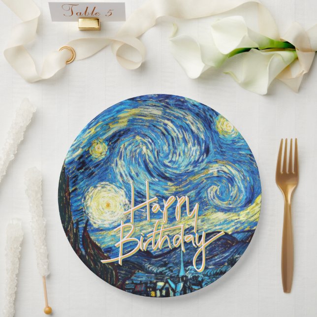 Assiettes En Carton Happy Birthday, Starry Night fine art, (Mariage)