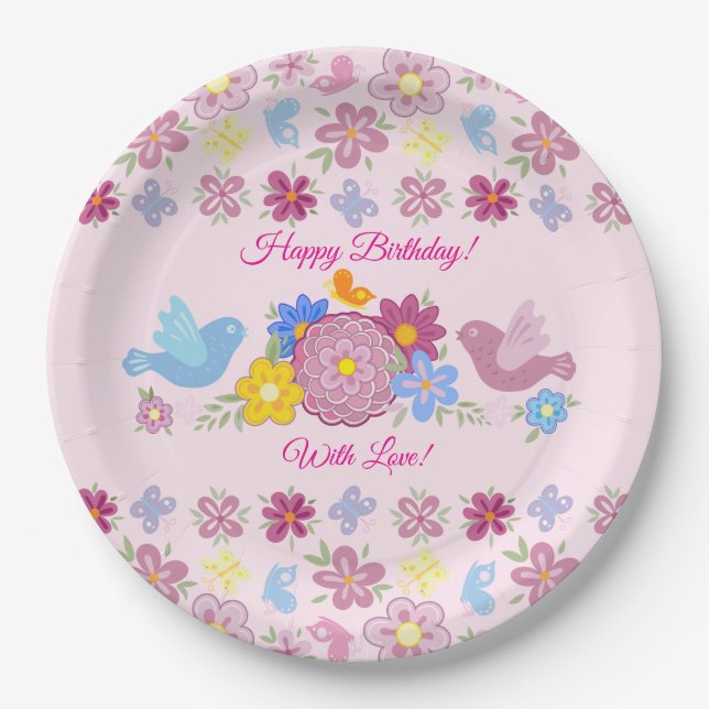 Assiettes En Carton Happy Birthday Wild Flowers Garden Birds Pattern (Devant)