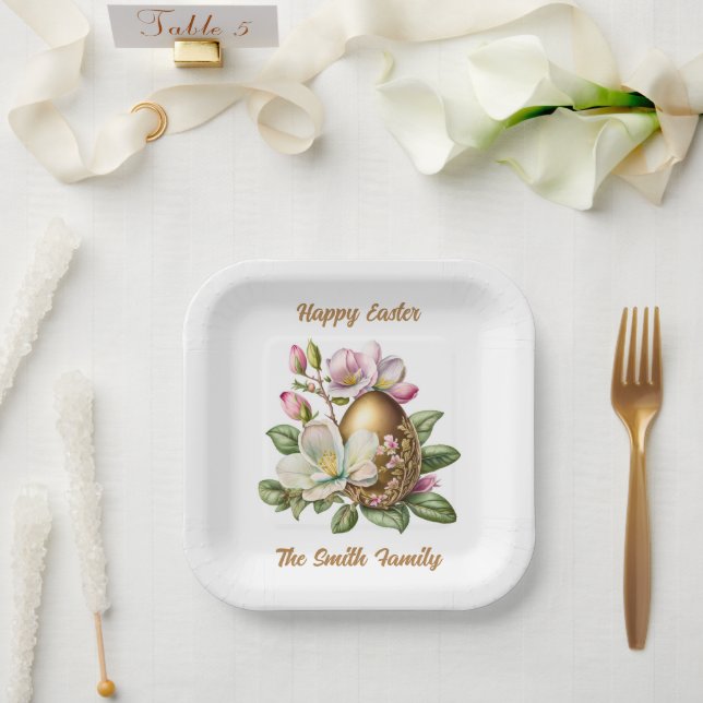 Assiettes En Carton Happy Easter Gold Floral Oeuf Plaque de papier (Mariage)