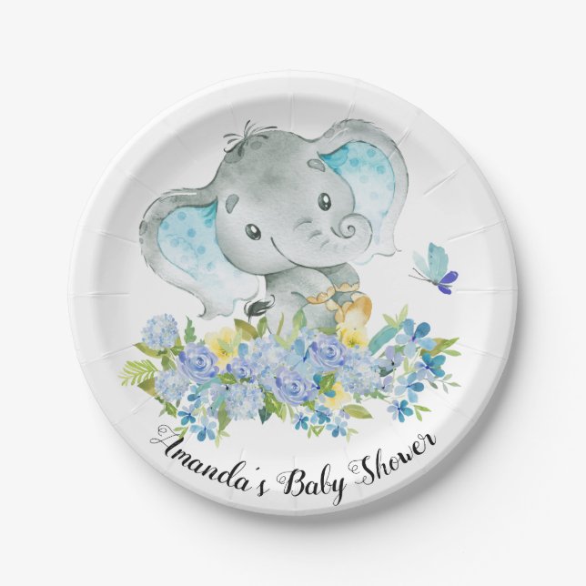Assiettes En Carton Happy Elephant Boys Baby shower 7" Plaque (Devant)