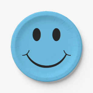 Assiettes En Carton Happy Face Graphic  Bleu