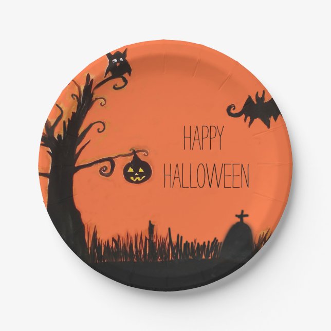 Assiettes En Carton Happy Halloween Arbre Fantôme Plaques de papier ch (Devant)