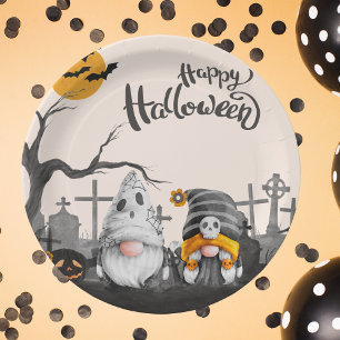 Assiettes En Carton Happy Halloween Gnomes rétro dans le cimetière