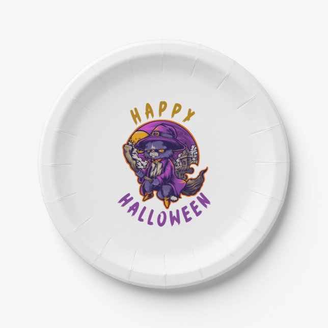 Assiettes En Carton Happy Halloween Halloween Witch Cat (Devant)