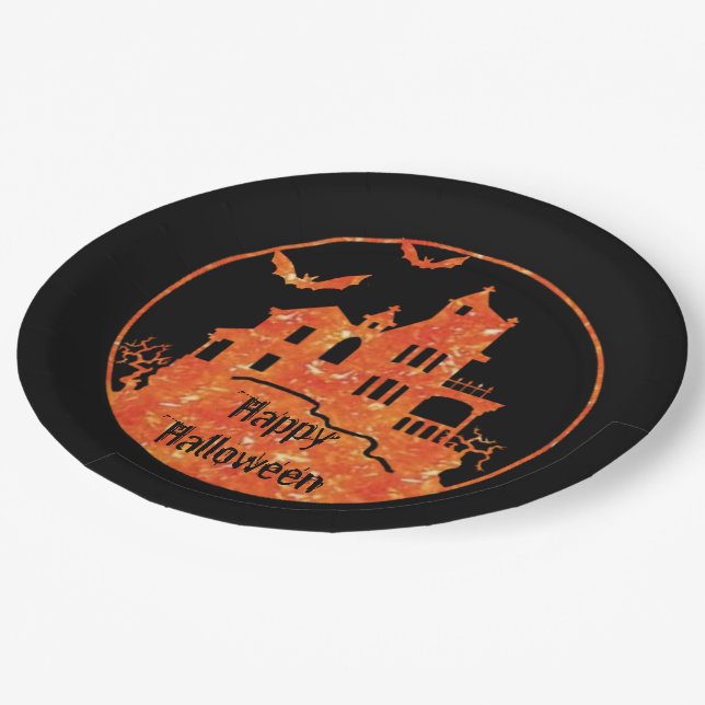 Assiettes En Carton Happy Halloween Haunted Plaques de papier maison (Angle)