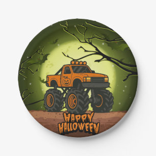Assiettes En Carton Happy Halloween Monster Truck avec chauves-souris