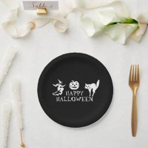 Assiettes En Carton Happy Halloween noir blanc éffrayant