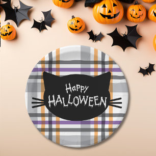 Assiettes En Carton Happy Halloween noir Chat visage Silhouette