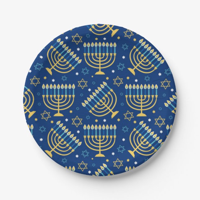 Assiettes En Carton Happy Hanoukka Jewish Star Menorah Blue Paper Plat (Devant)