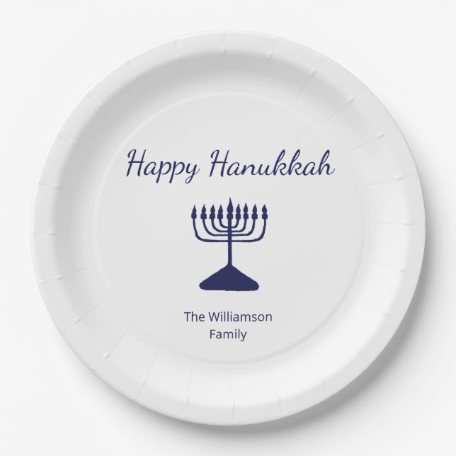 Assiettes En Carton Happy Hanoukka Simple Menorah Bleu Blanc Bleu (Devant)