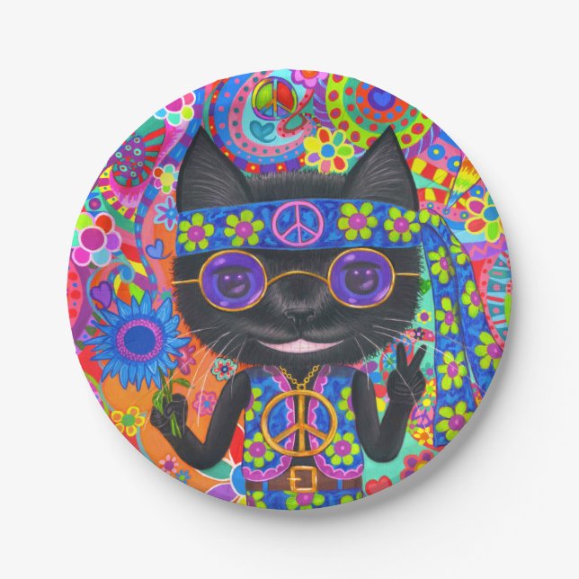 Assiettes En Carton Happy Hippie Chat Lunettes de soleil Paix Signale  (Devant)