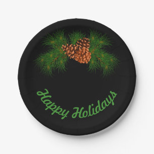 Assiettes En Carton Happy Holiday - détail pin-cône