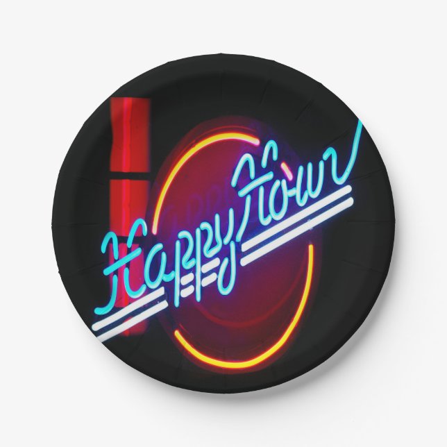 Assiettes En Carton Happy Hour Neon Panneau Plaques papier (Devant)