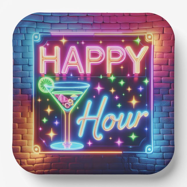 Assiettes En Carton Happy Hour Sign On Rainbow Brick (Recto)