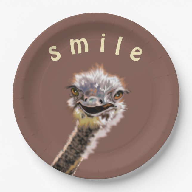 Assiettes En Carton Happy Ostrich Papier Plaques Souriez - Votre Texte (Devant)