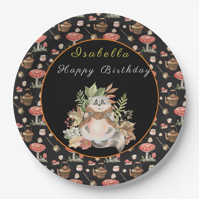 Assiettes En Carton Happy Raccoon Personnaliser Texte et couleur (Devant)