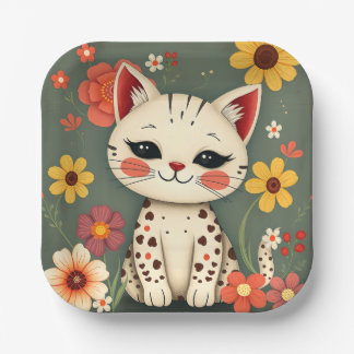 Assiettes En Carton Happy Spotted Kitty with Flowers