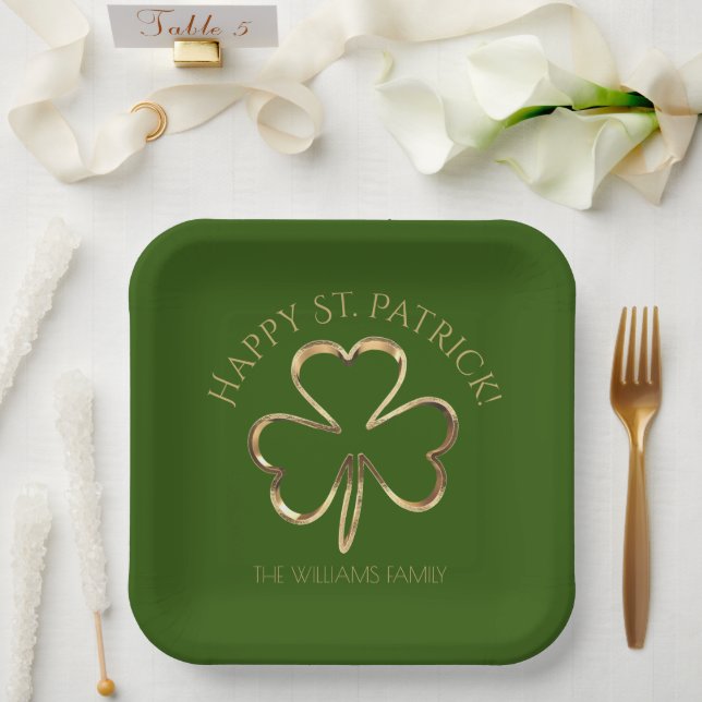 Assiettes En Carton Happy St. Patrick Green et Gold Shamrock Clover (Mariage)